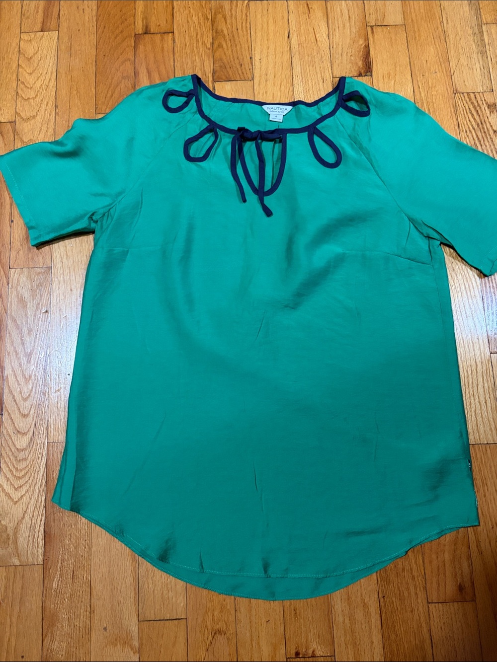 Nautica Teal Green Short Sleeve Blouse with Navy Tie Detail ( 1173 )
